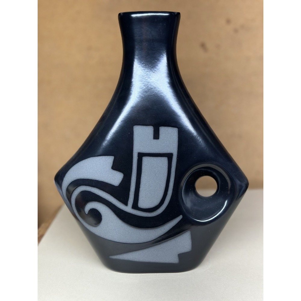 Vintage 1988 Signed Studio Art Pottery Black Gray Abstract Vase